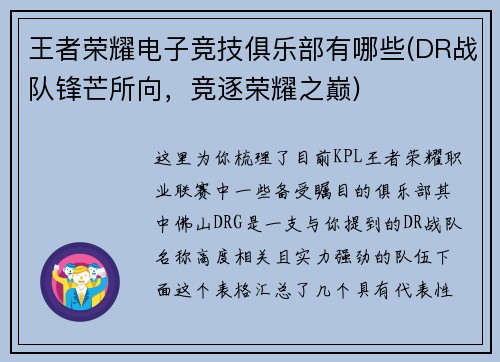 王者荣耀电子竞技俱乐部有哪些(DR战队锋芒所向，竞逐荣耀之巅)